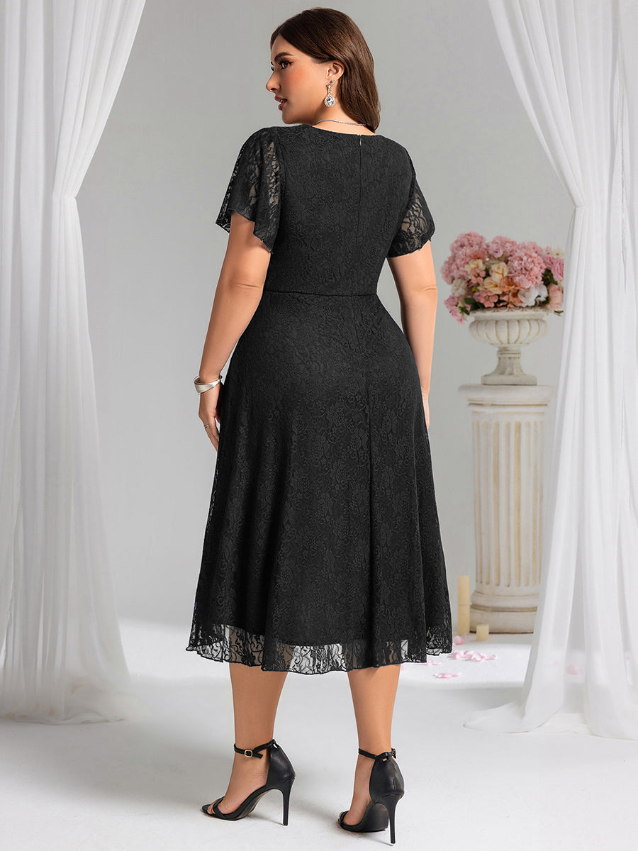Ruffled Short Sleeve V-Neck A-Line Midi Wedding Guest Dress