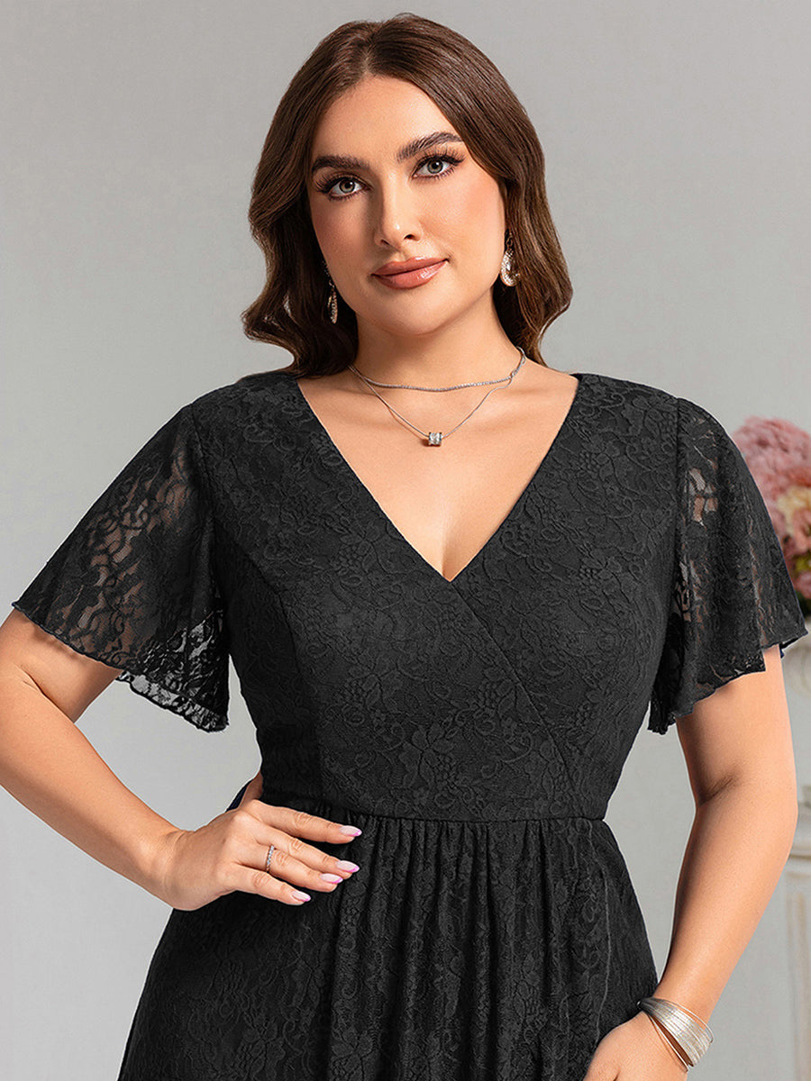 Ruffled Short Sleeve V-Neck A-Line Midi Wedding Guest Dress