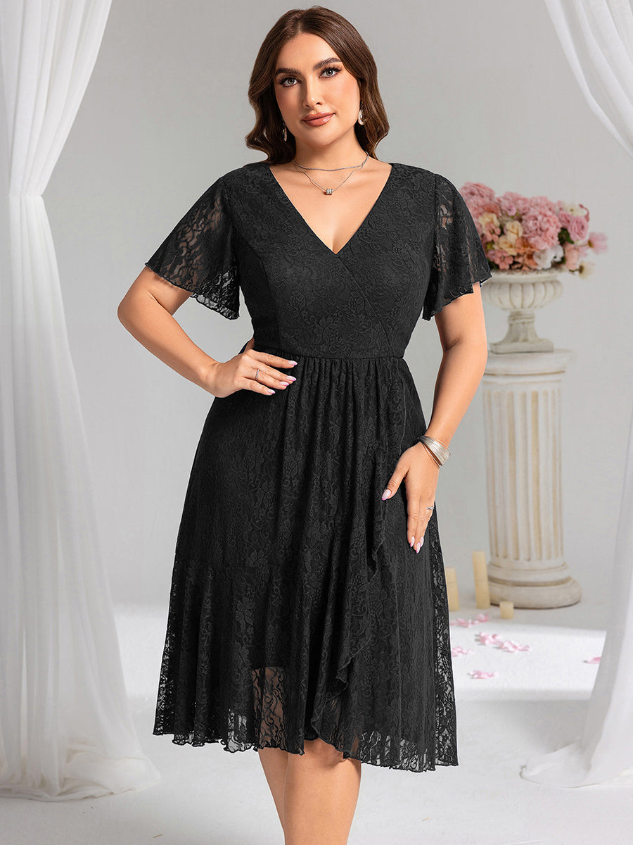 Ruffled Short Sleeve V-Neck A-Line Midi Wedding Guest Dress