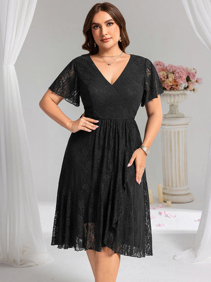 Ruffled Short Sleeve V-Neck A-Line Midi Wedding Guest Dress