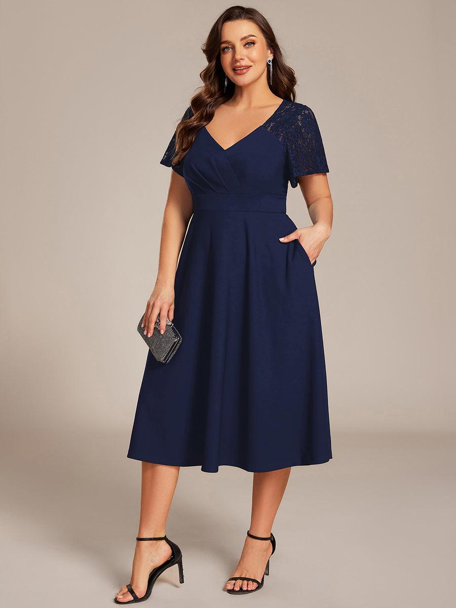 Plus Size A-Line Pleated Midi Wedding Guest Dress with Pockets — Navy Blue