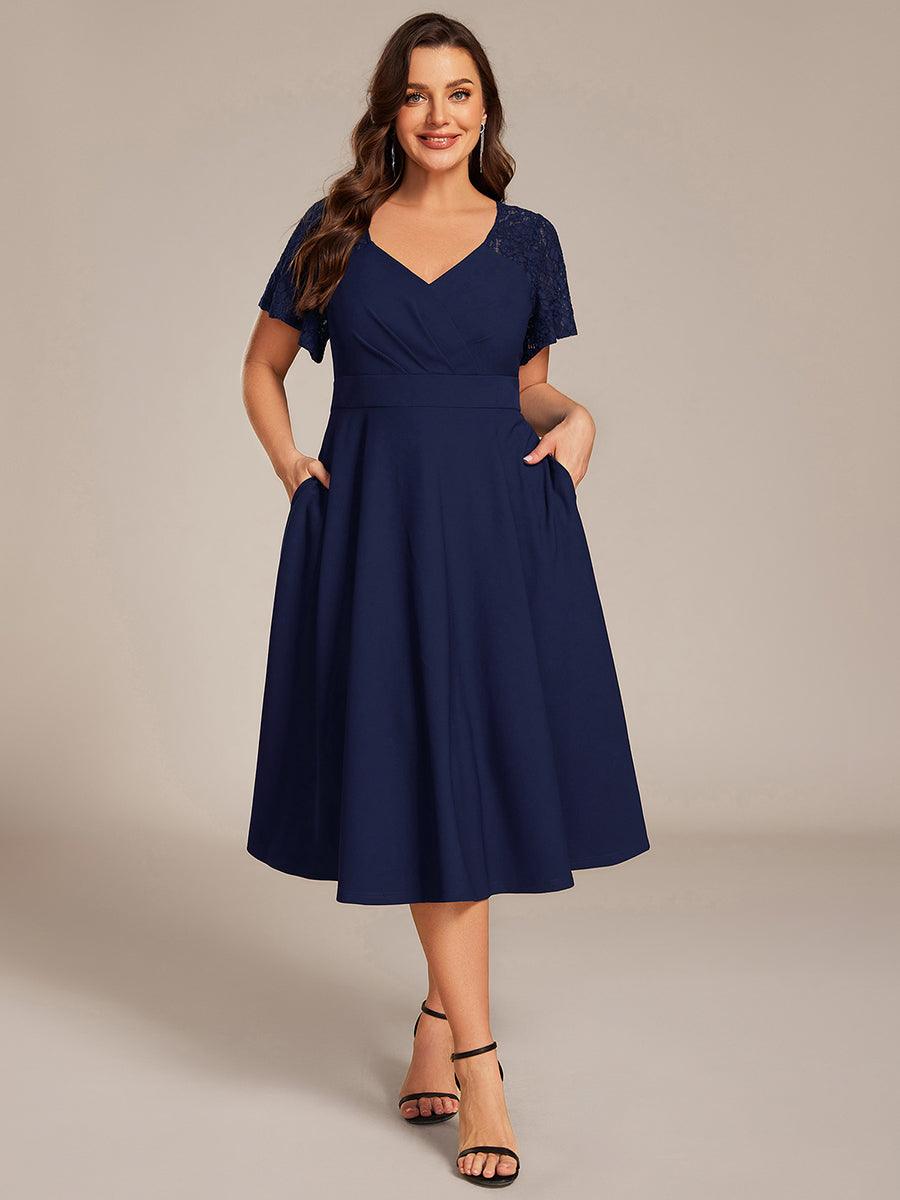 Plus Size A-Line Pleated Midi Wedding Guest Dress with Pockets
