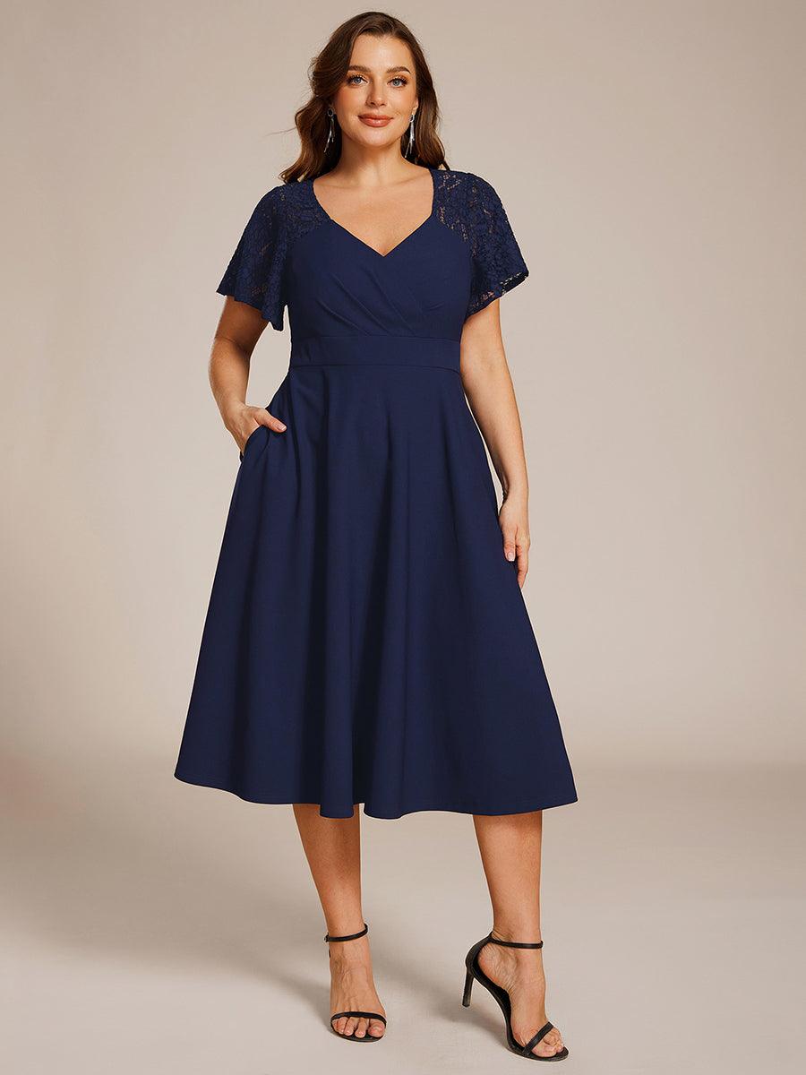 Plus Size A-Line Pleated Midi Wedding Guest Dress with Pockets