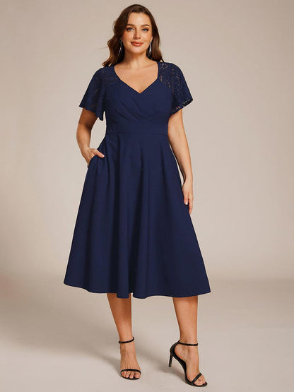 Plus Size A-Line Pleated Midi Wedding Guest Dress with Pockets