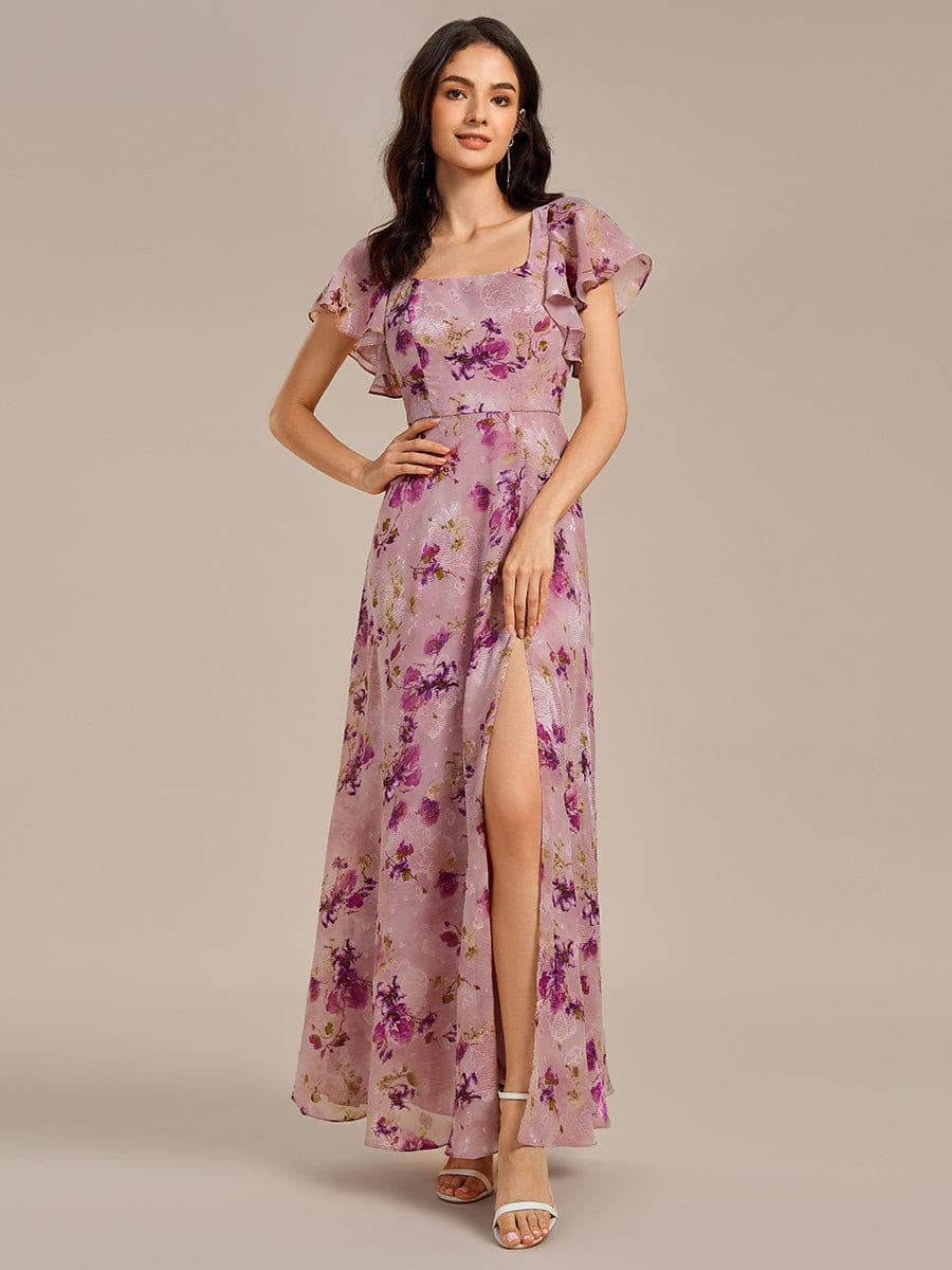 Floral Print Flutter Sleeve Side Split Maxi Formal Dress — Light Purple Print