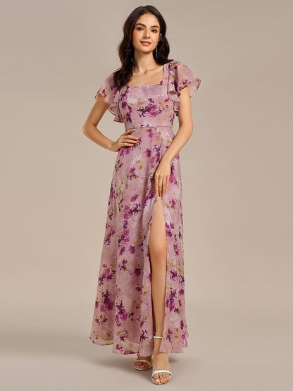 Floral Print Flutter Sleeve Side Split Maxi Formal Dress — Light Purple Print