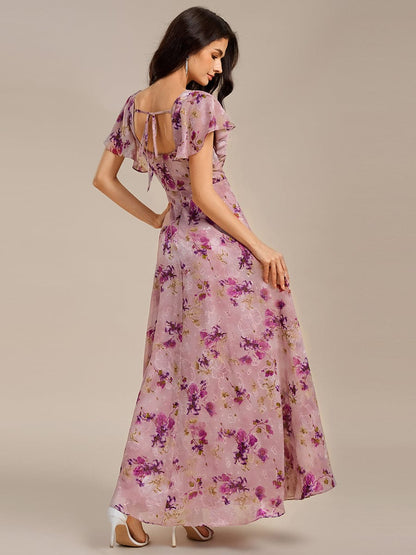 Floral Print Flutter Sleeve Side Split Maxi Formal Dress