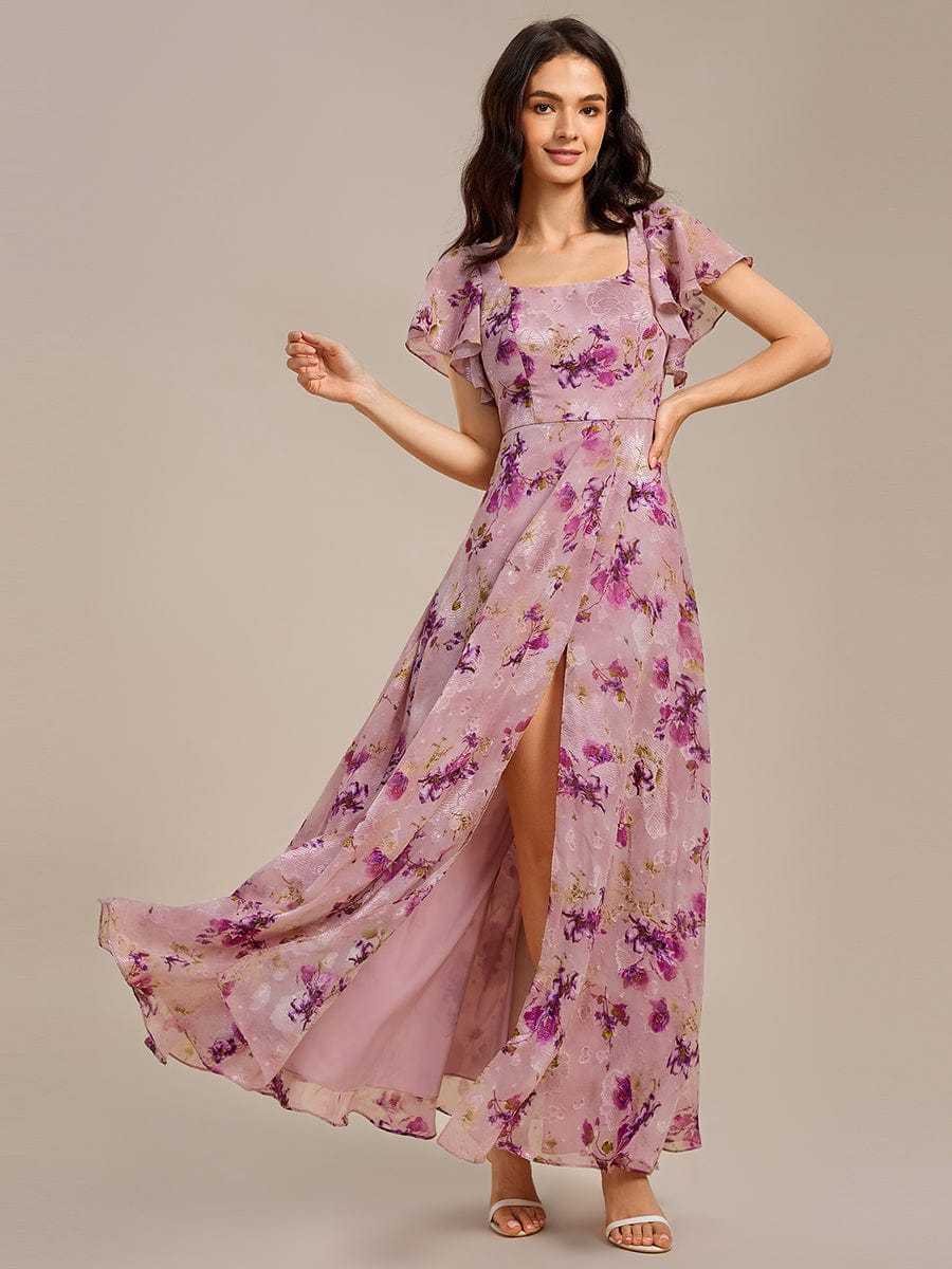 Floral Print Flutter Sleeve Side Split Maxi Formal Dress