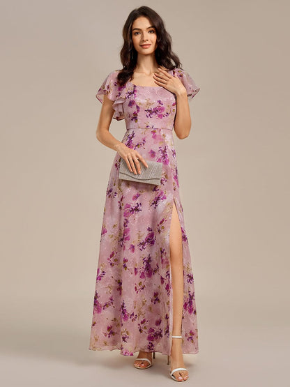 Floral Print Flutter Sleeve Side Split Maxi Formal Dress
