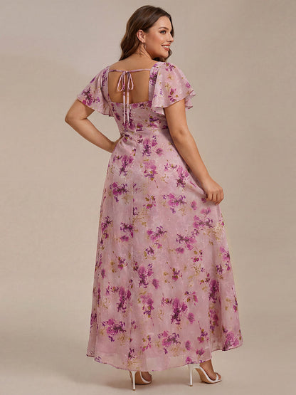 Floral Print Flutter Sleeve Side Split Maxi Formal Dress