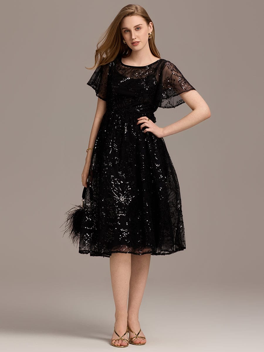 Sequin Sheer Ruffle Wedding Guest Dress — Black