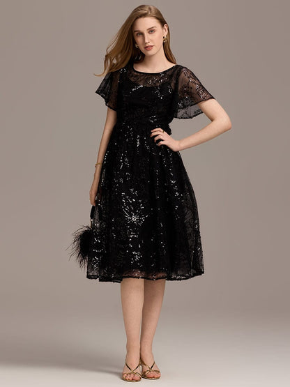 Sequin Sheer Ruffle Wedding Guest Dress — Black
