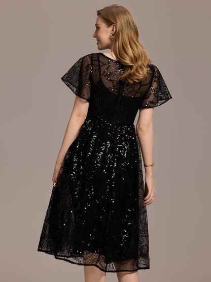 Sequin Sheer Ruffle Wedding Guest Dress