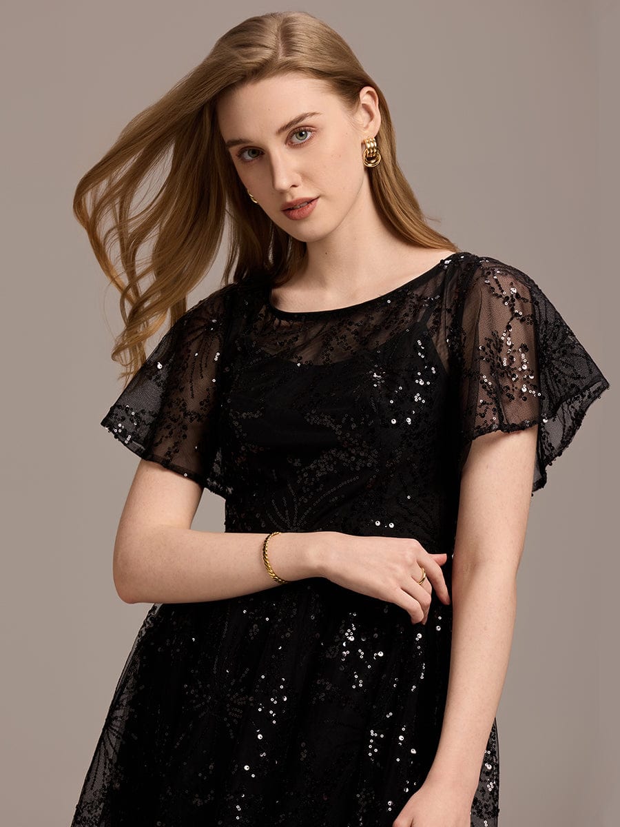Sequin Sheer Ruffle Wedding Guest Dress