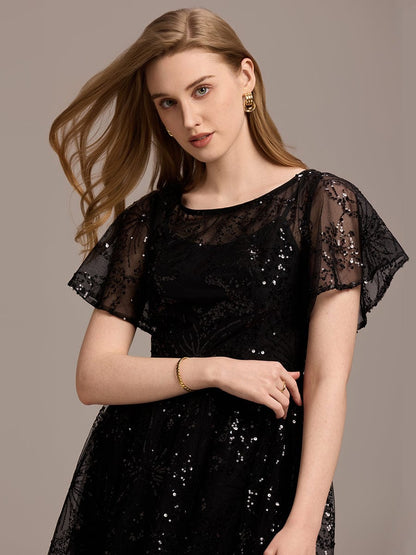 Sequin Sheer Ruffle Wedding Guest Dress