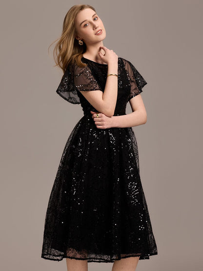 Sequin Sheer Ruffle Wedding Guest Dress