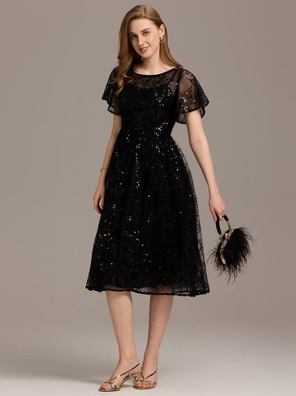 Sequin Sheer Ruffle Wedding Guest Dress