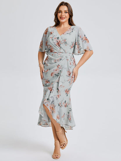 Plus Size Chiffon Printed Mermaid Wedding Guest Dress
