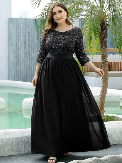 Plus Size Sequin 3/4 Sleeves Dress — Black