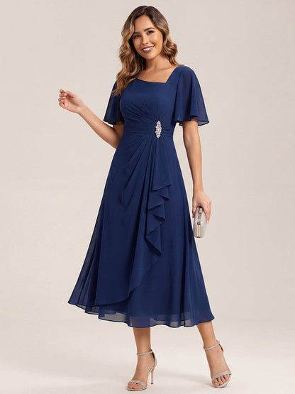 Chiffon Pleated Ruffle Sleeve Wedding Guest Dress — Navy Blue