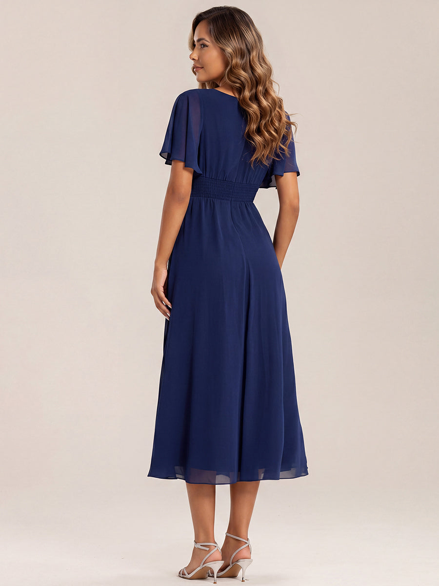 Chiffon Pleated Ruffle Sleeve Wedding Guest Dress
