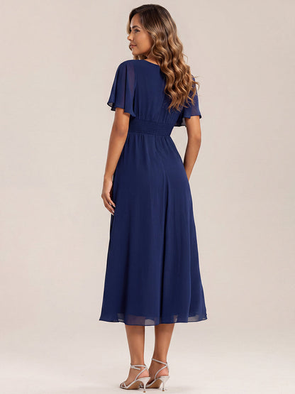 Chiffon Pleated Ruffle Sleeve Wedding Guest Dress