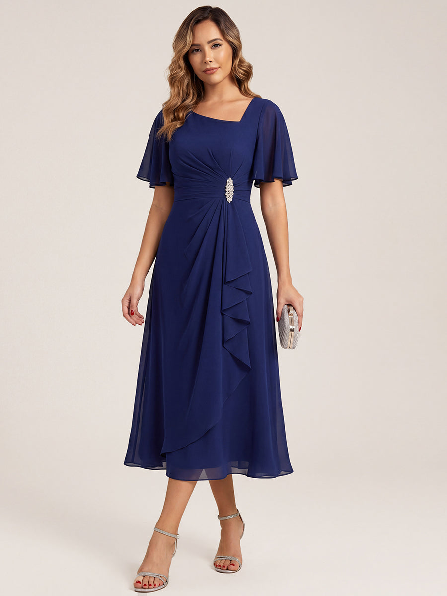 Chiffon Pleated Ruffle Sleeve Wedding Guest Dress