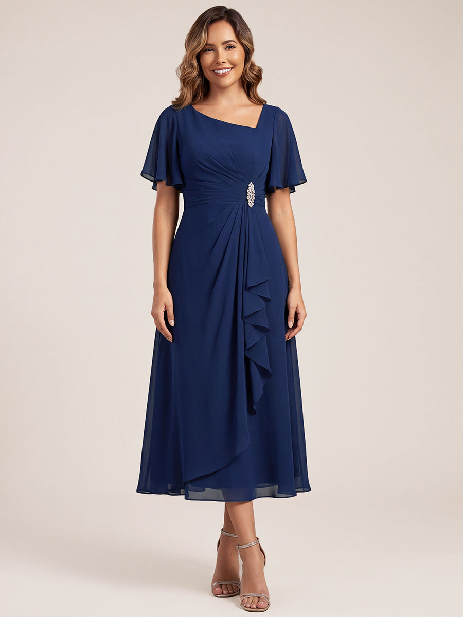 Chiffon Pleated Ruffle Sleeve Wedding Guest Dress
