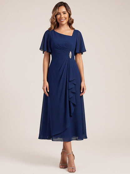 Chiffon Pleated Ruffle Sleeve Wedding Guest Dress