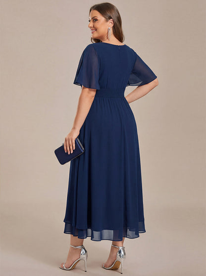 Chiffon Pleated Ruffle Sleeve Wedding Guest Dress