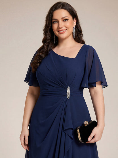 Chiffon Pleated Ruffle Sleeve Wedding Guest Dress