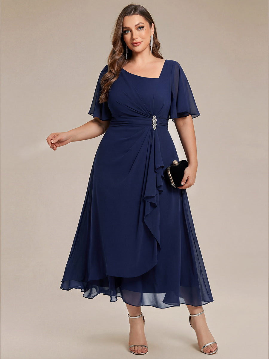 Chiffon Pleated Ruffle Sleeve Wedding Guest Dress