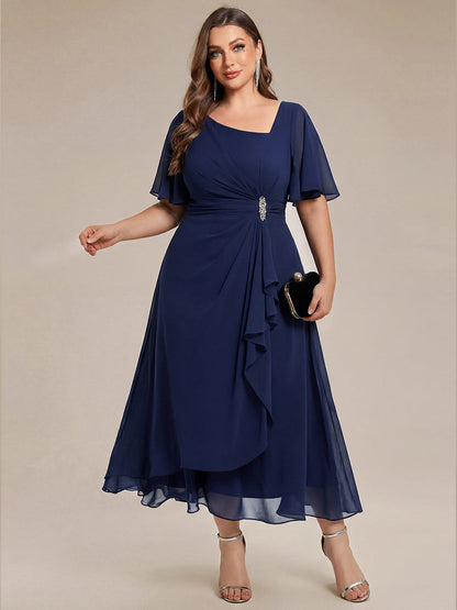Chiffon Pleated Ruffle Sleeve Wedding Guest Dress
