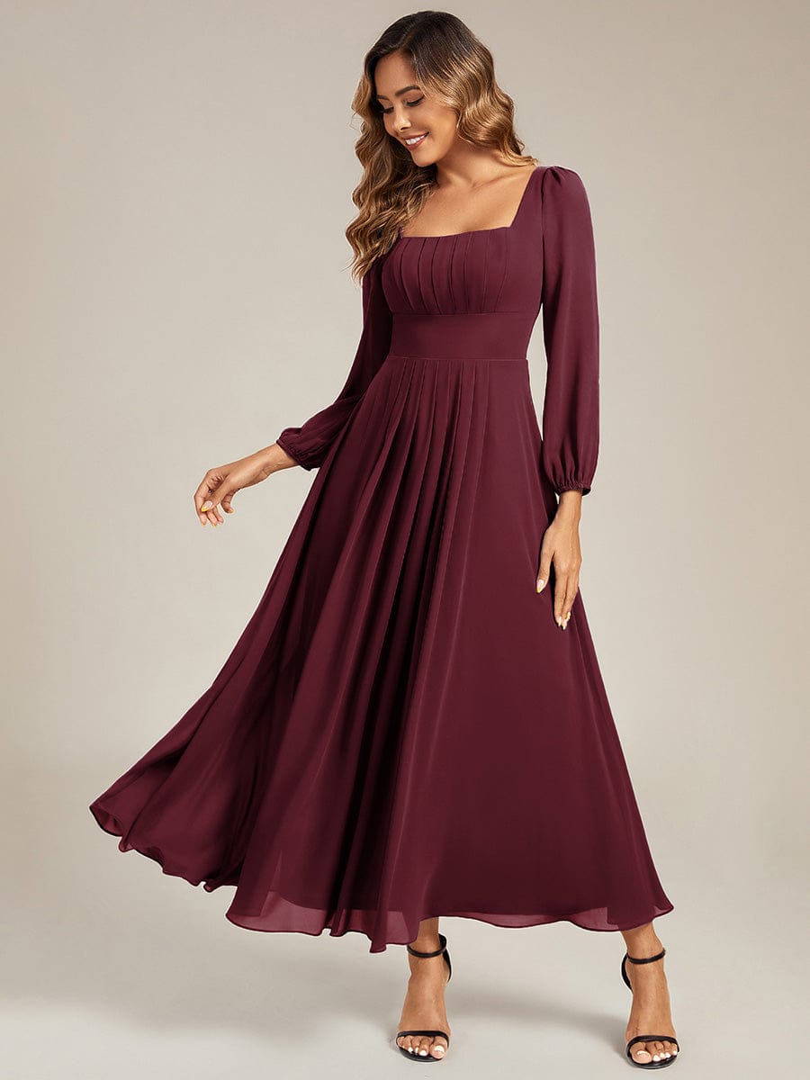 Chiffon See-through Lantern Sleeve Bridesmaid Dress — Burgundy