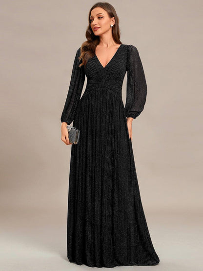 Sequin Long Lantern Sleeves Maxi Wedding Guest Dress — Black