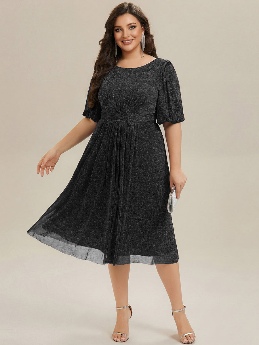 Plus Size Glitter Half Sleeve A-Line Wedding Guest Dress — Black