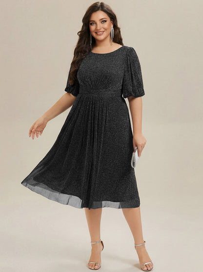 Plus Size Glitter Half Sleeve A-Line Wedding Guest Dress — Black