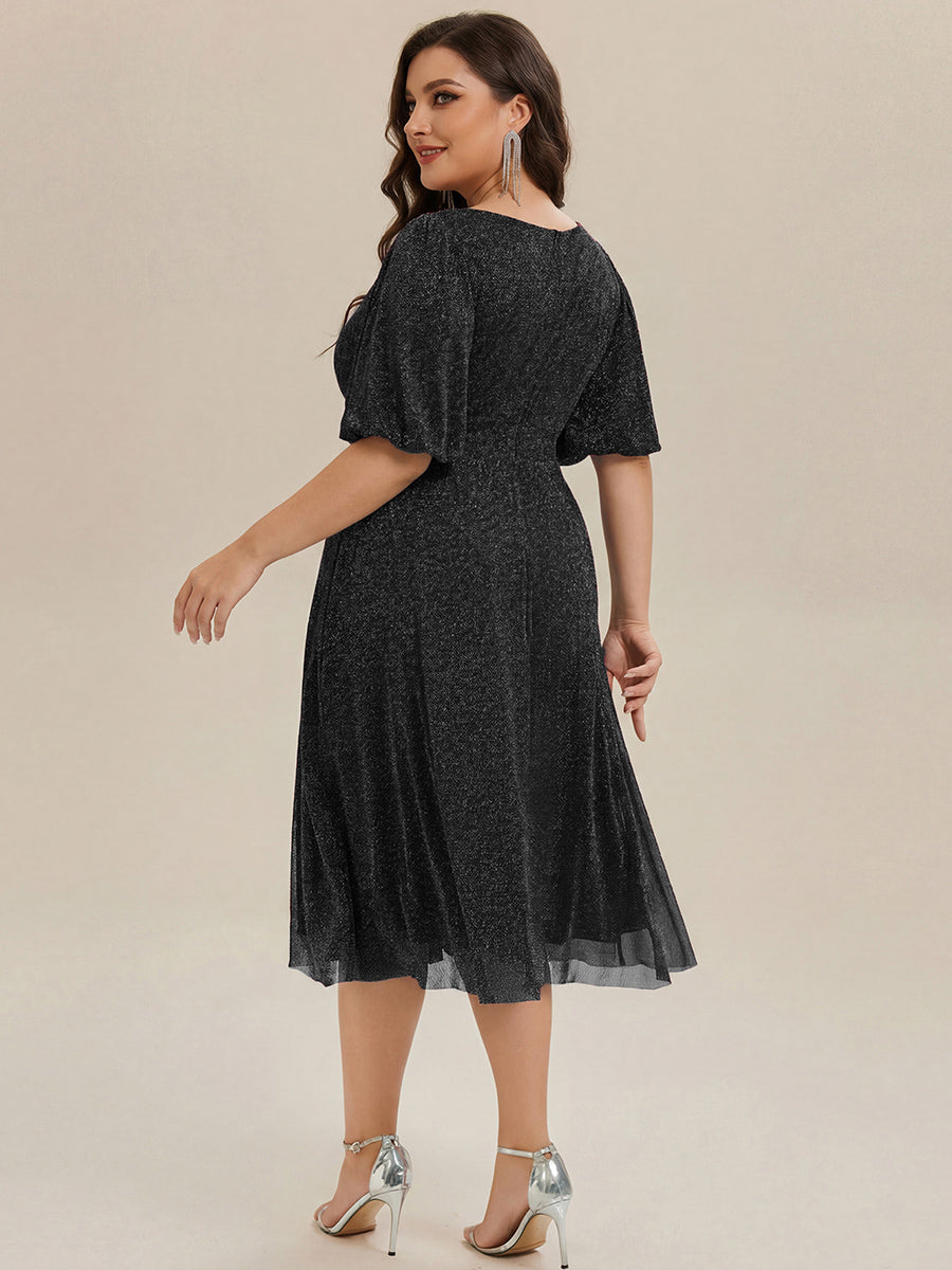 Plus Size Glitter Half Sleeve A-Line Wedding Guest Dress