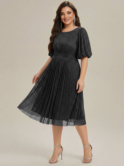 Plus Size Glitter Half Sleeve A-Line Wedding Guest Dress