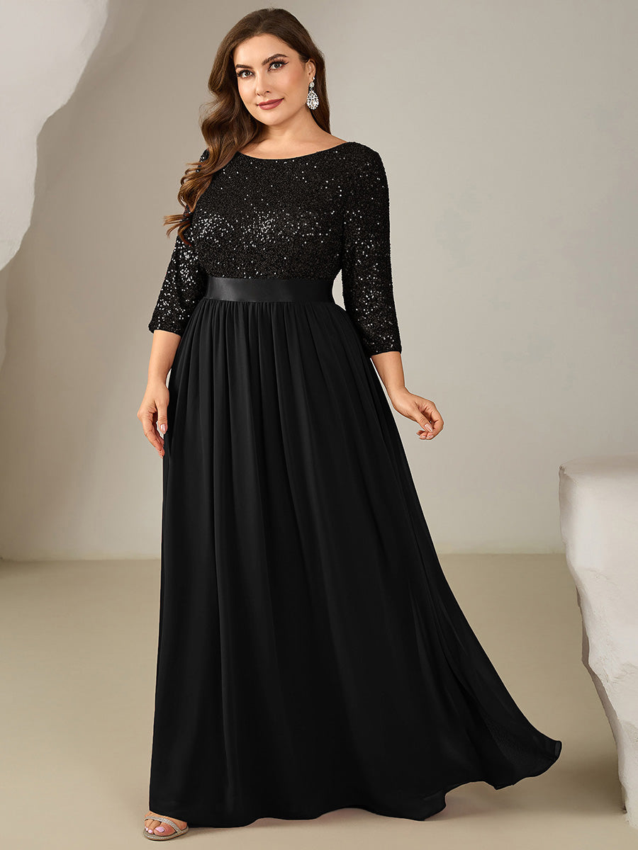 Plus Size Sequin 3/4 Sleeves Evening Dress — Black