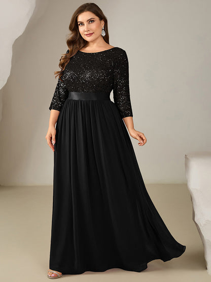 Plus Size Sequin 3/4 Sleeves Evening Dress — Black