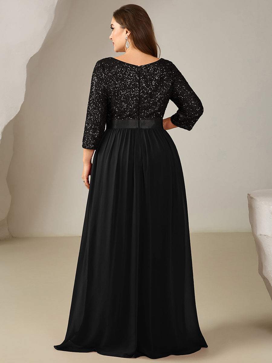 Plus Size Sequin 3/4 Sleeves Evening Dress