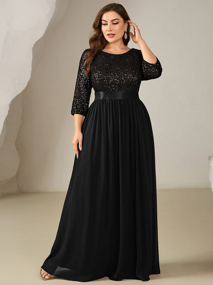 Plus Size Sequin 3/4 Sleeves Evening Dress