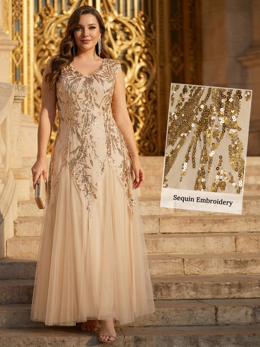 Sequin Embroidered Cap Sleeve High Stretch Evening Dress