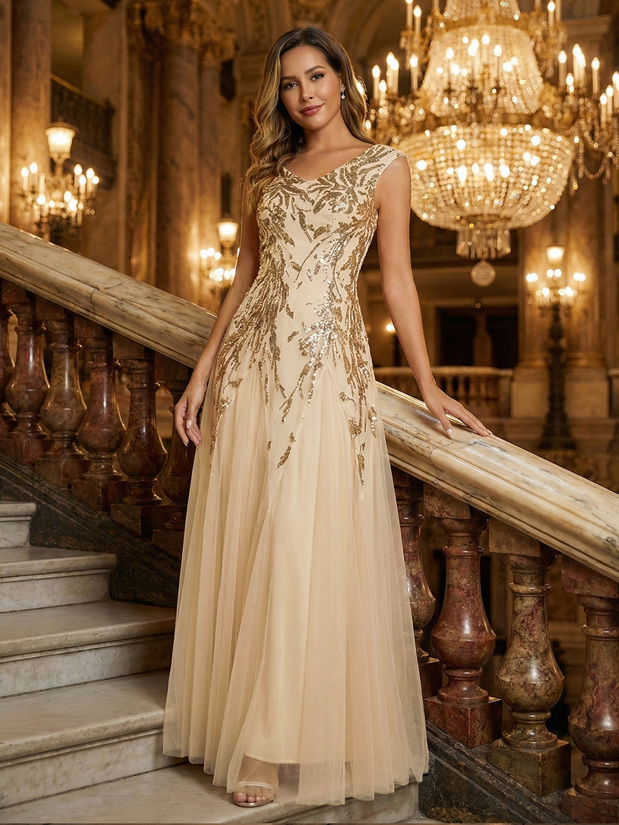 Sequin Embroidered Cap Sleeve High Stretch Evening Dress