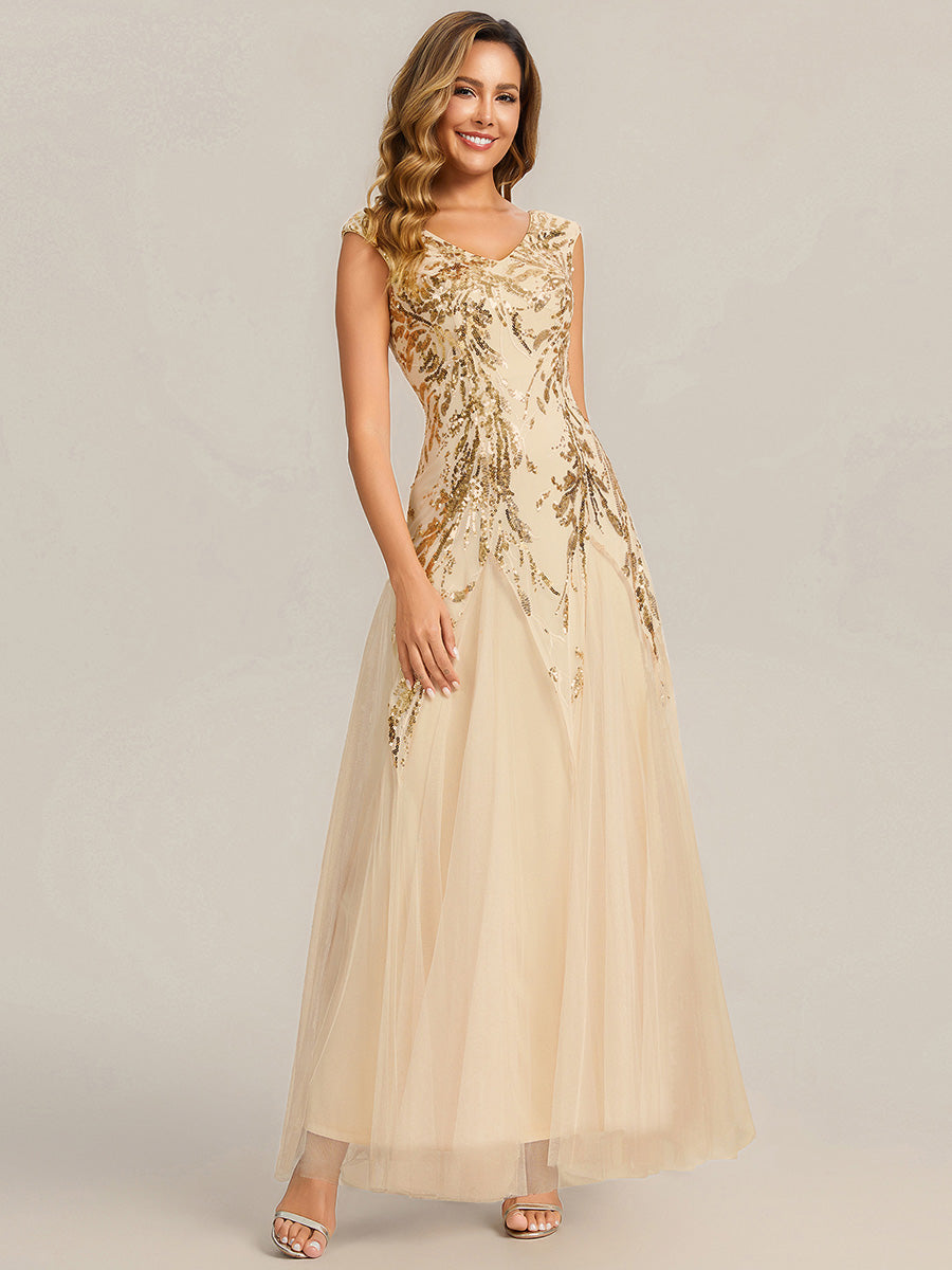 Sequin Embroidered Cap Sleeve High Stretch Evening Dress