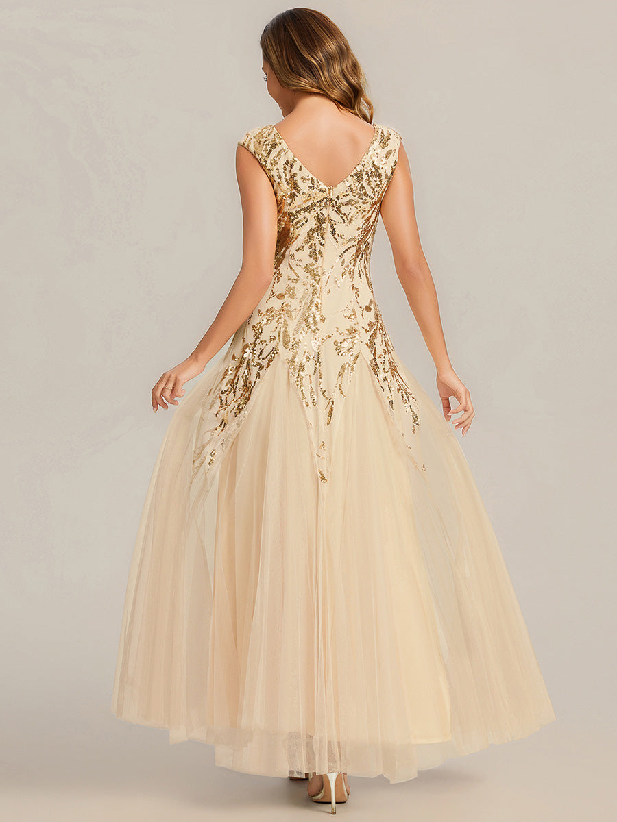 Sequin Embroidered Cap Sleeve High Stretch Evening Dress