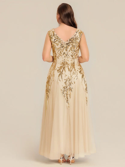 Sequin Embroidered Cap Sleeve High Stretch Evening Dress