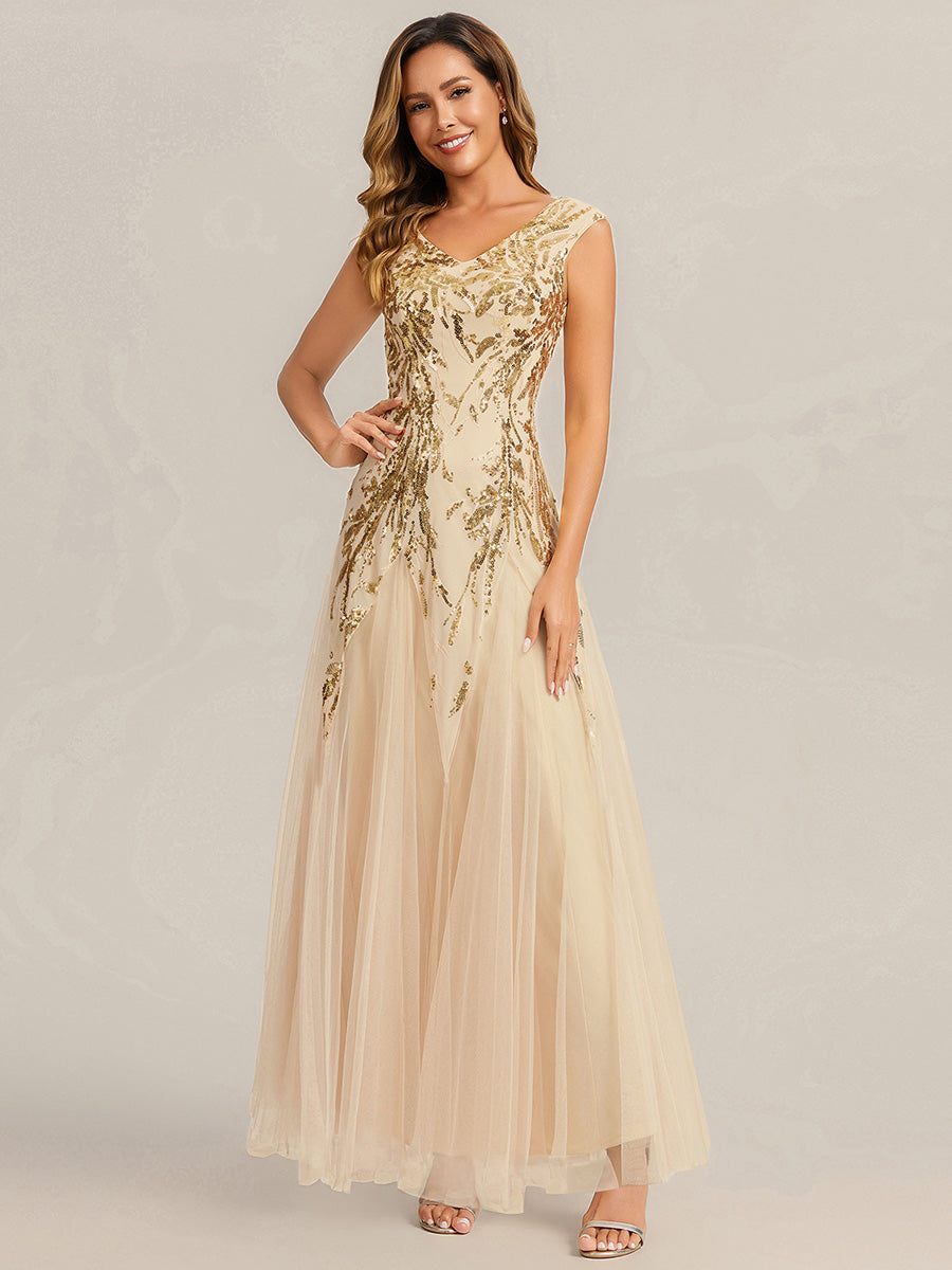 Sequin Embroidered Cap Sleeve High Stretch Evening Dress — Gold