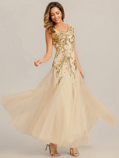 Sequin Embroidered Cap Sleeve High Stretch Evening Dress